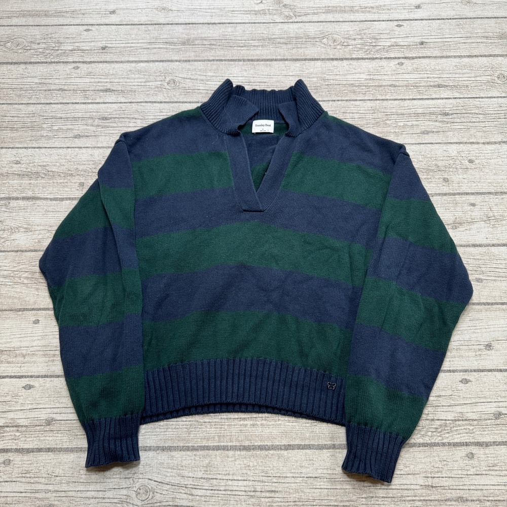 Sunday Best Aritzia Sweater Women's Small Navy Green Cotton Knit V-Neck Pullover